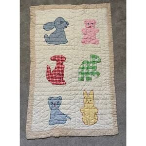 Vintage hand made crib quilt - neutral - gingham - wall hanging - animals